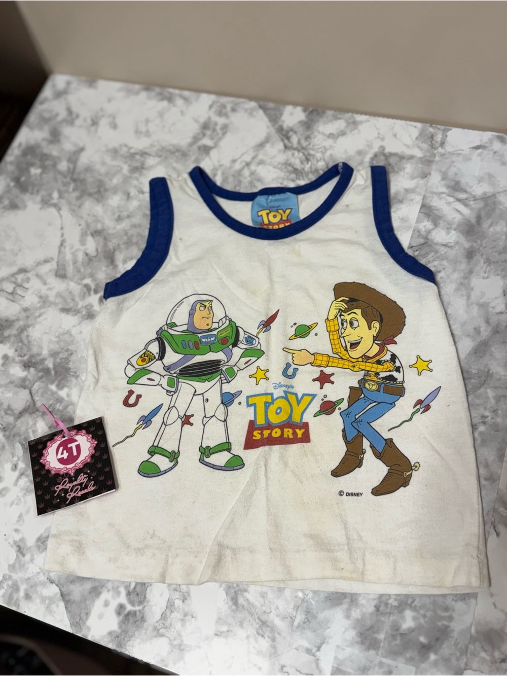 Disney Toy Story White & Blue Tank Top with Buzz & Woody Graphic